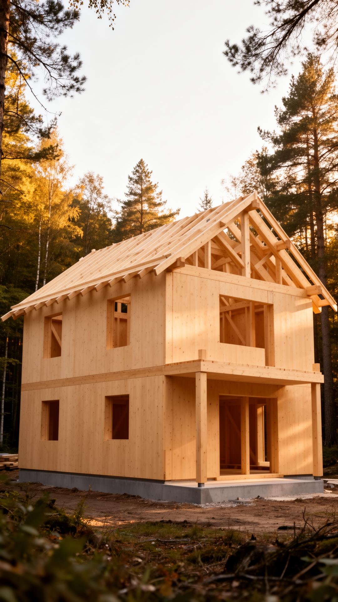 Fertiger Holzrohbau eines modernen Hauses im Wald