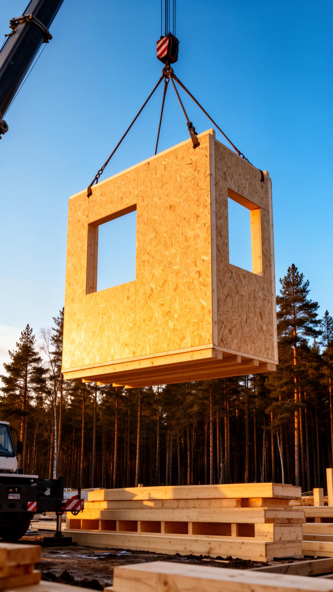 Großes Holz-Wandelement wird vom Kran gehoben